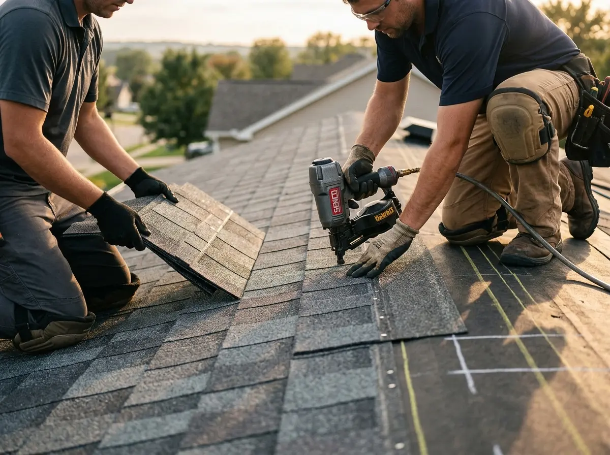Professional roofer working on a residential roof in Grambling